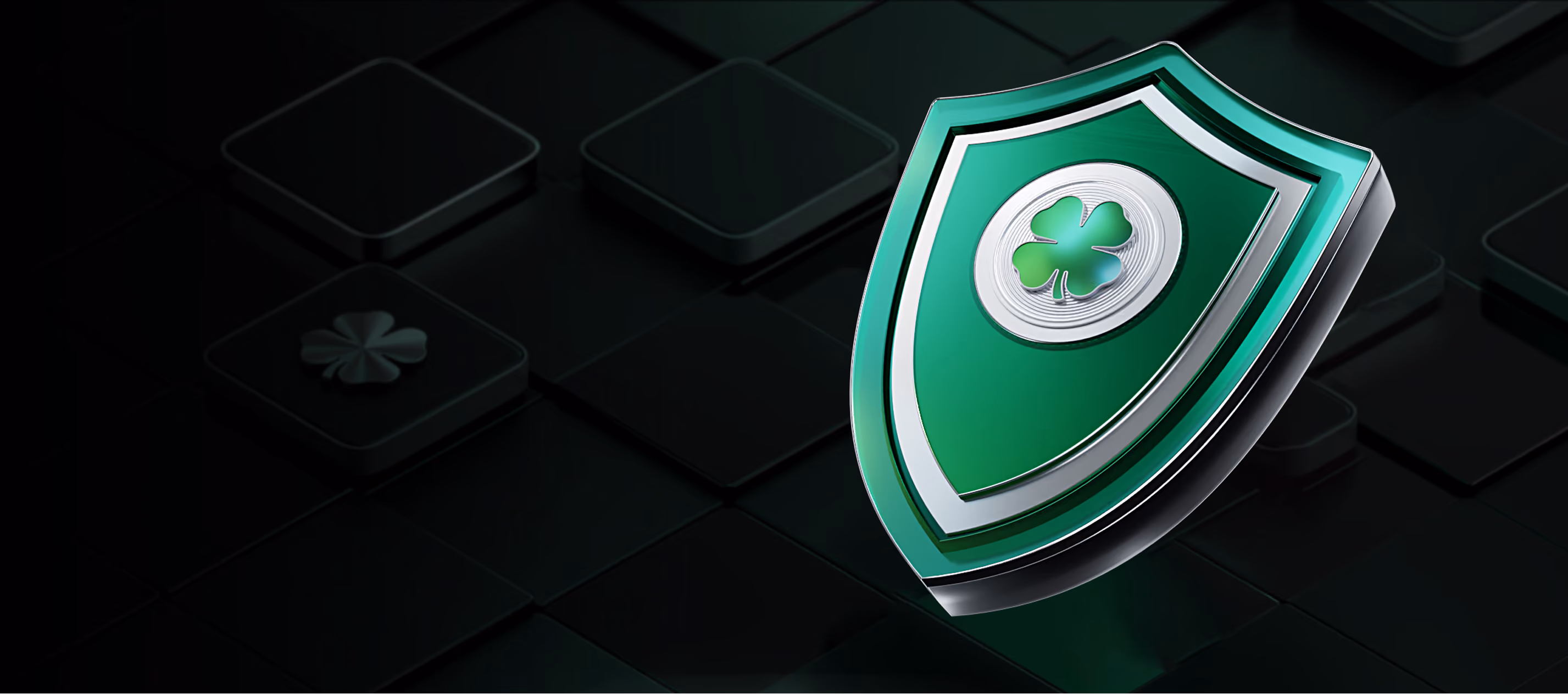 3D green shield with a clover emblem.