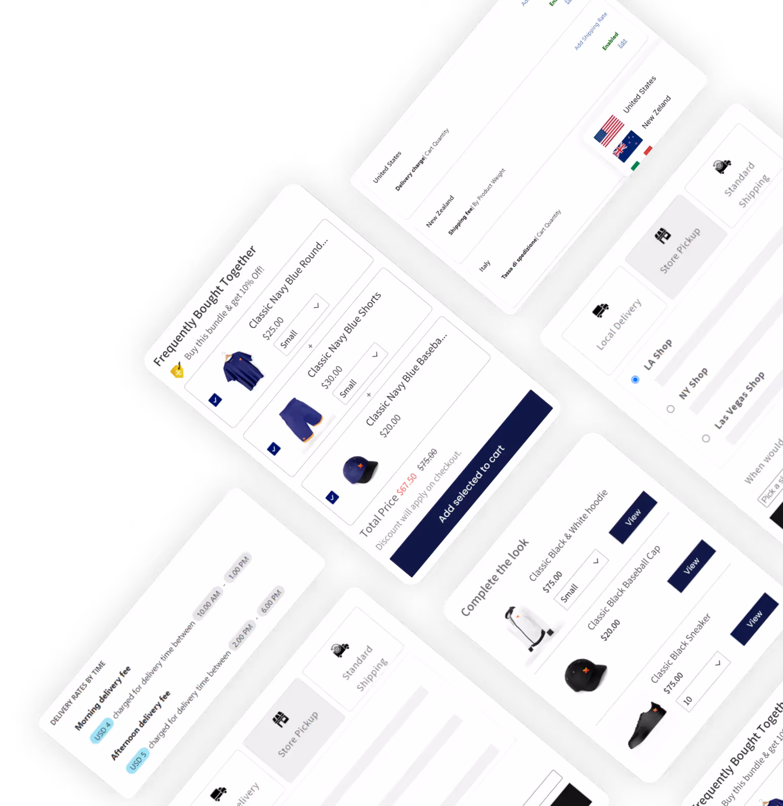 Collage of Selleasy, Pickeasy, and Dealeasy widgets showing product add-ons, pickup & delivery, and tiered discounts