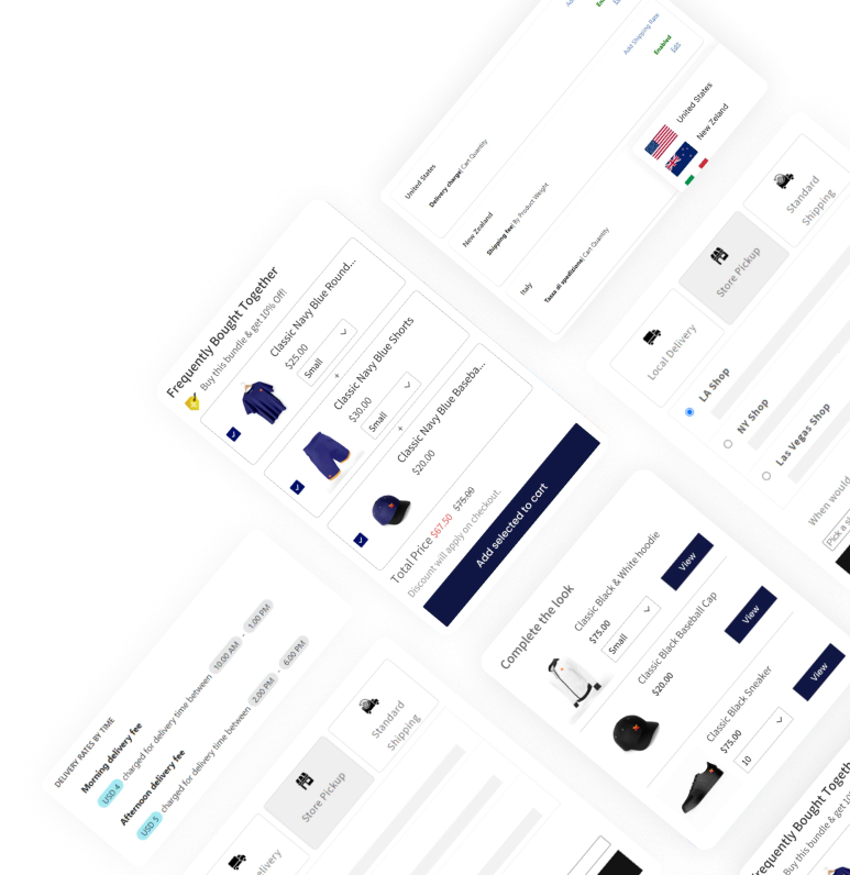 Collage of Selleasy, Pickeasy, and Dealeasy widgets showing product add-ons, pickup & delivery, and tiered discounts