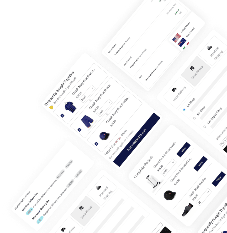 Collage of Selleasy, Pickeasy, and Dealeasy widgets showing product add-ons, pickup & delivery, and tiered discounts