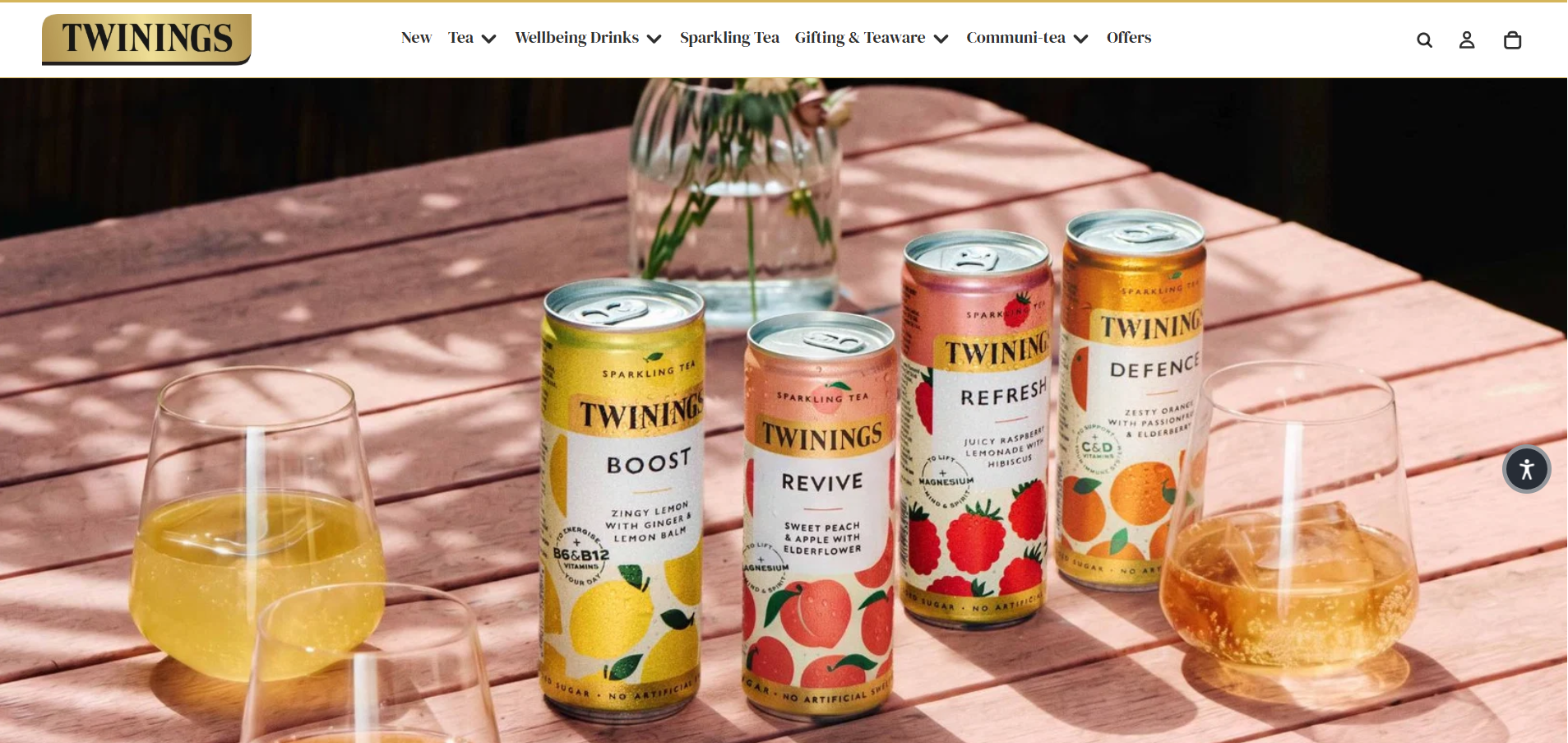 Twinings storefront: sparkling tea cans on a table
