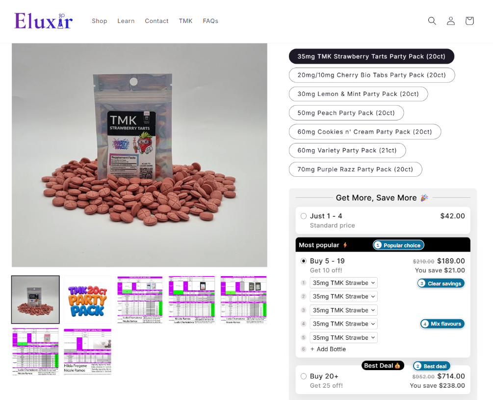 Eluxir TMK 20ct Party Packs product page with flavor options and Get More, Save More tiers: Just 1-4 at $42.00, Most popular Buy 5-19 with flavor selectors, and Best Deal Buy 20+
