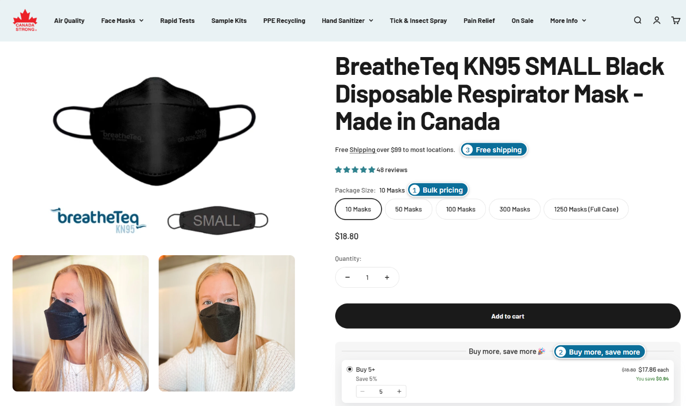 Canada Strong KN95 product page with package size options and a Dealeasy Buy more, save more offer