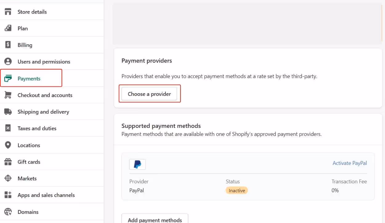 Select payment providers for your Shopify store