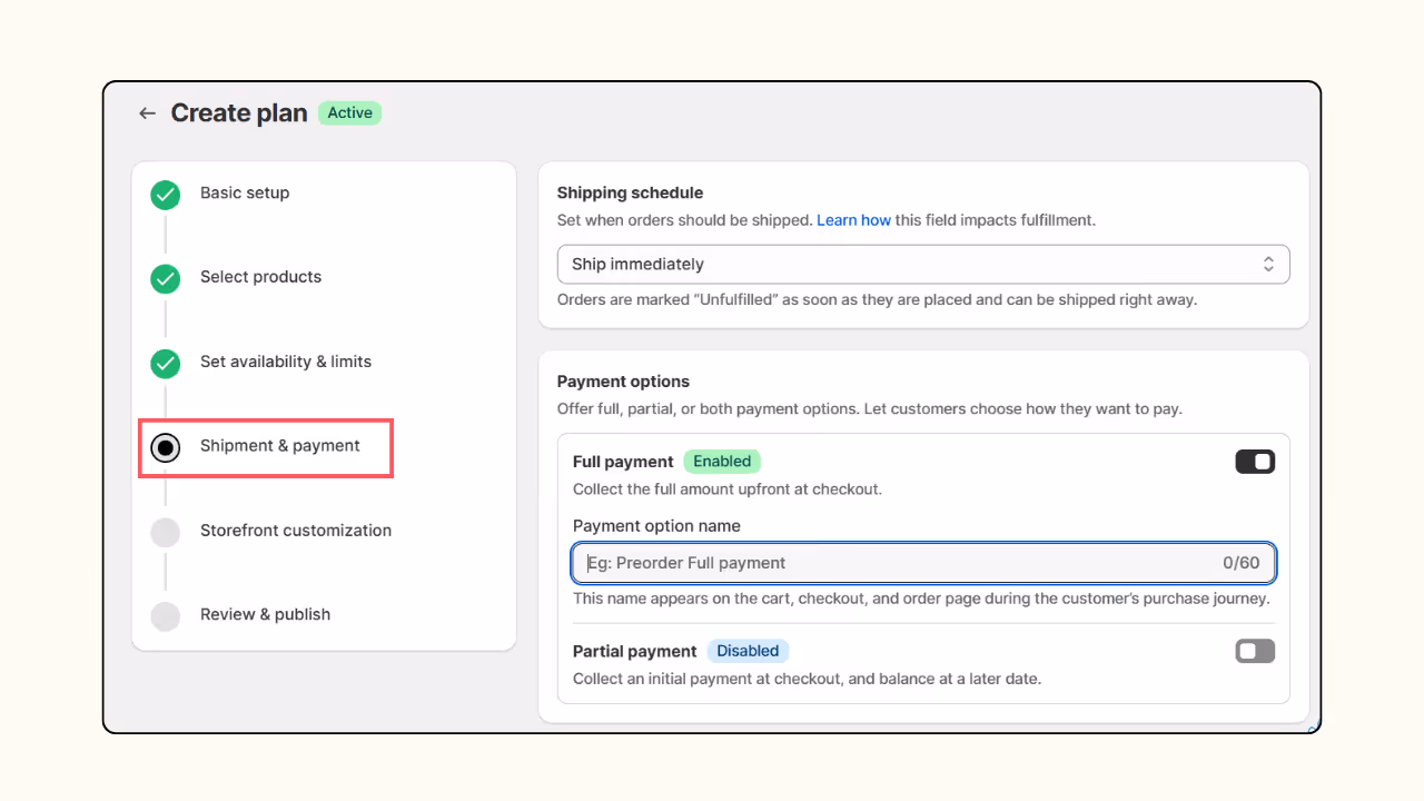 Choose payment options to set up pre order on Shopify