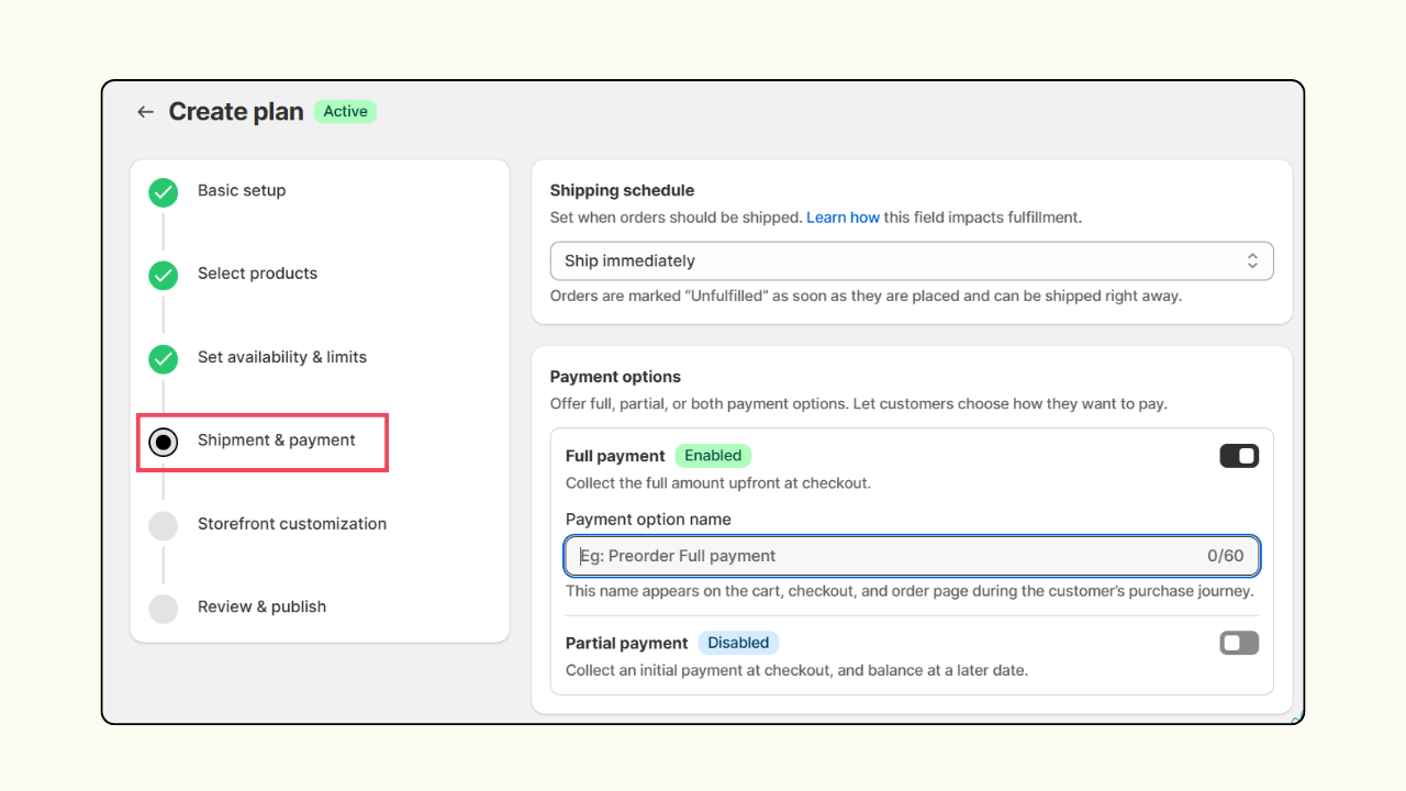 Choose payment options to set up pre order on Shopify