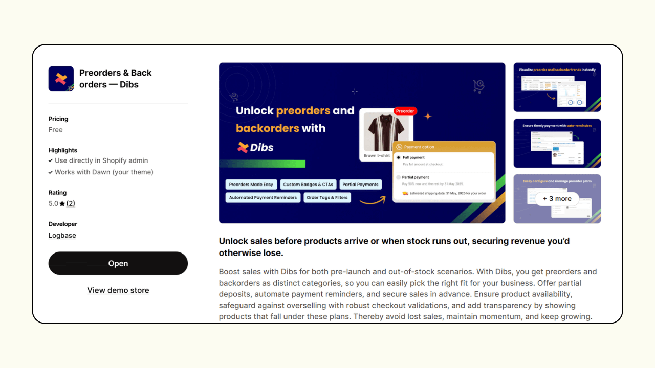 Get Dibs to set up preorder on Shopify 