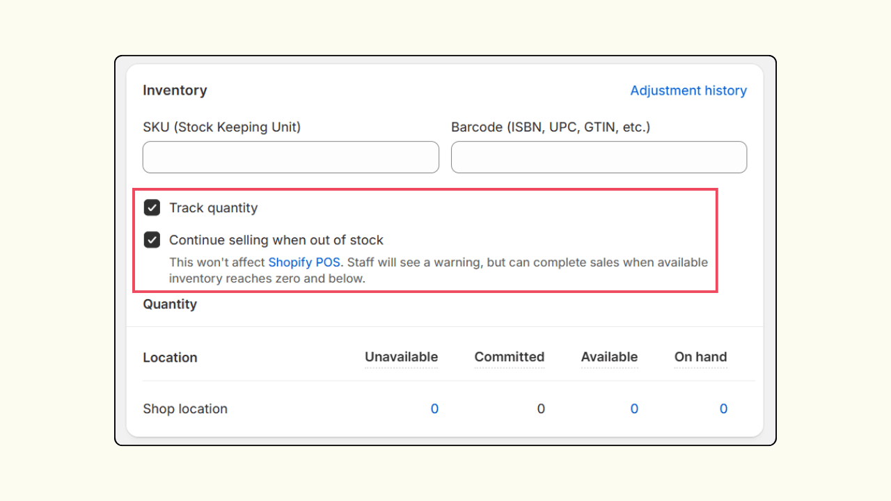 Enable inventory options