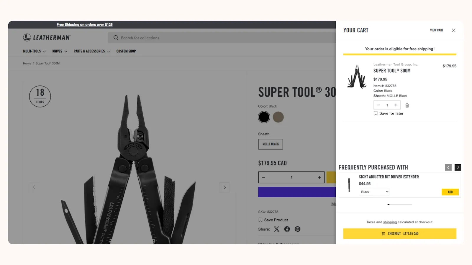 In-cart upsells seen in the cart drawer of Leatherman store