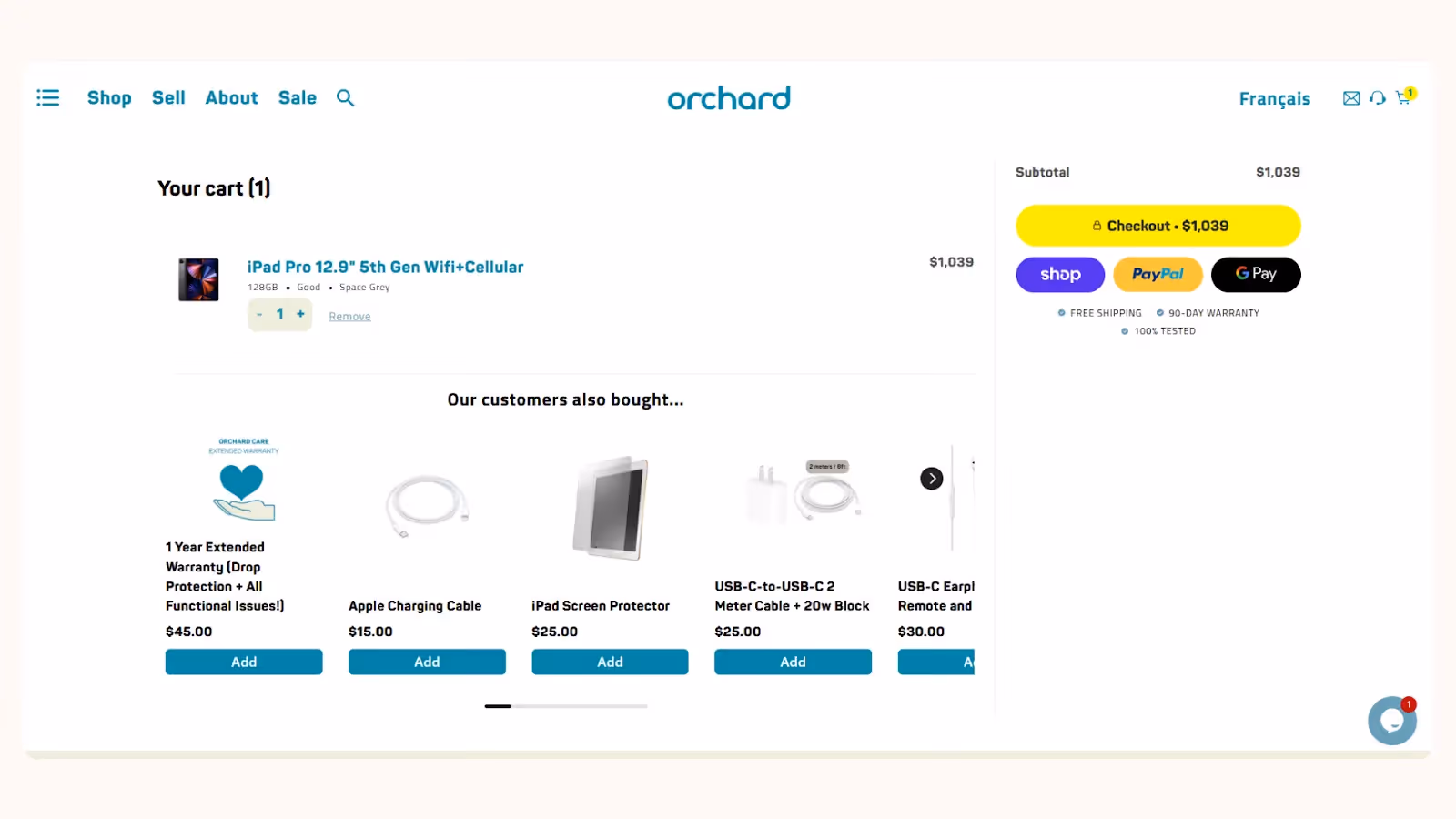 Shopify in-cart upsells seen in the cart page of Orchard store