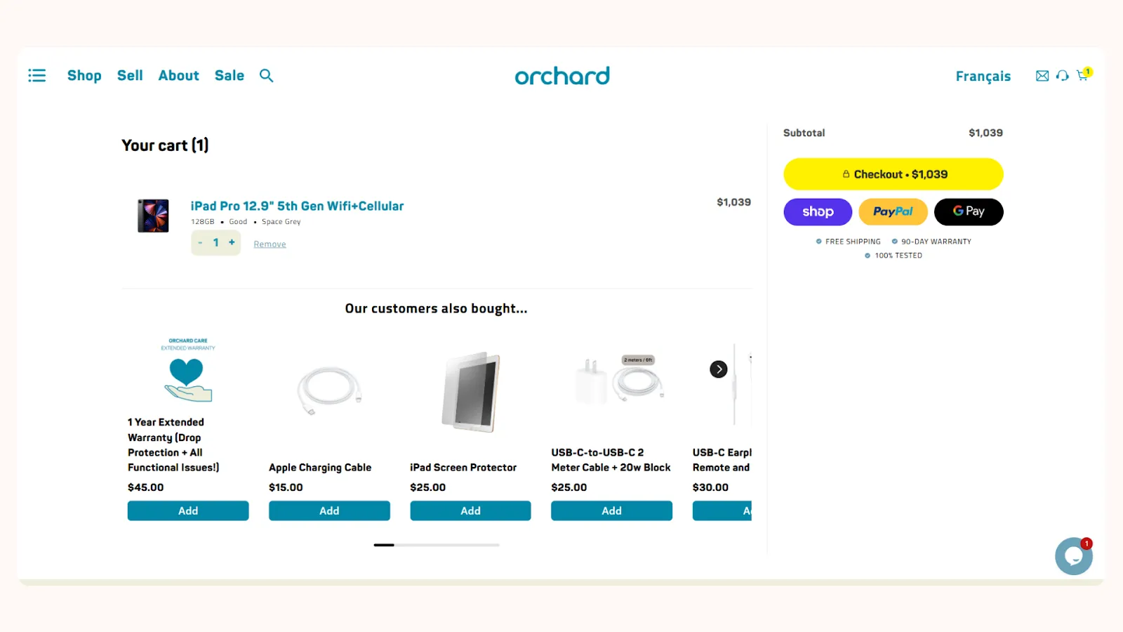 Shopify in-cart upsells seen in the cart page of Orchard store