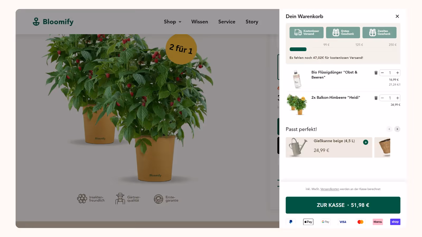 Cart progress bar seen in the cart drawer of Bloomify store