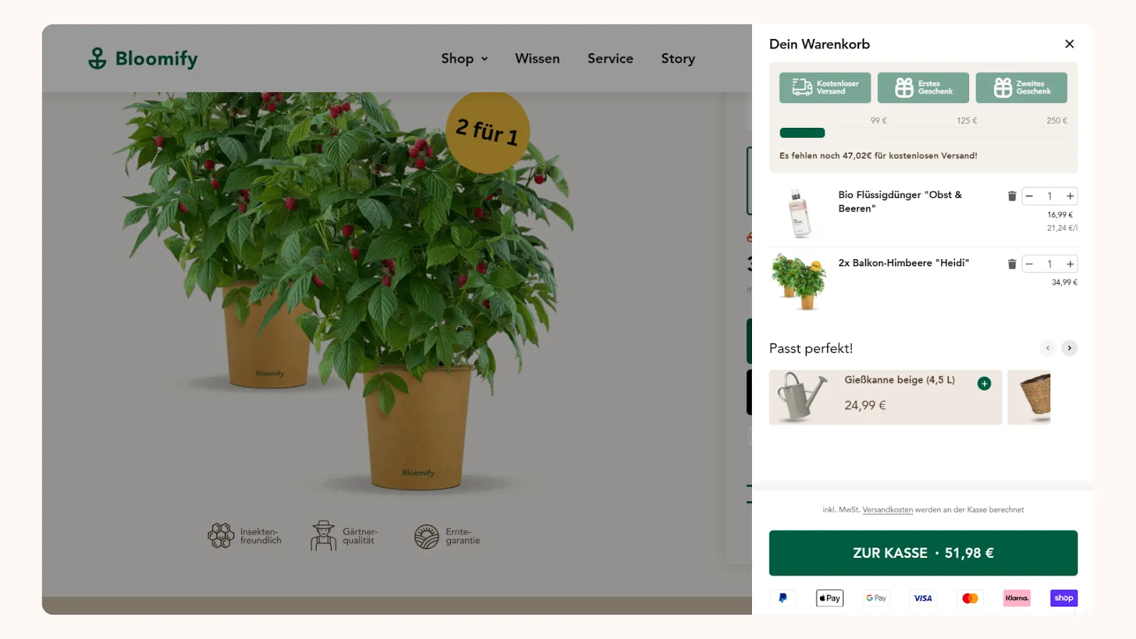 Cart progress bar seen in the cart drawer of Bloomify store