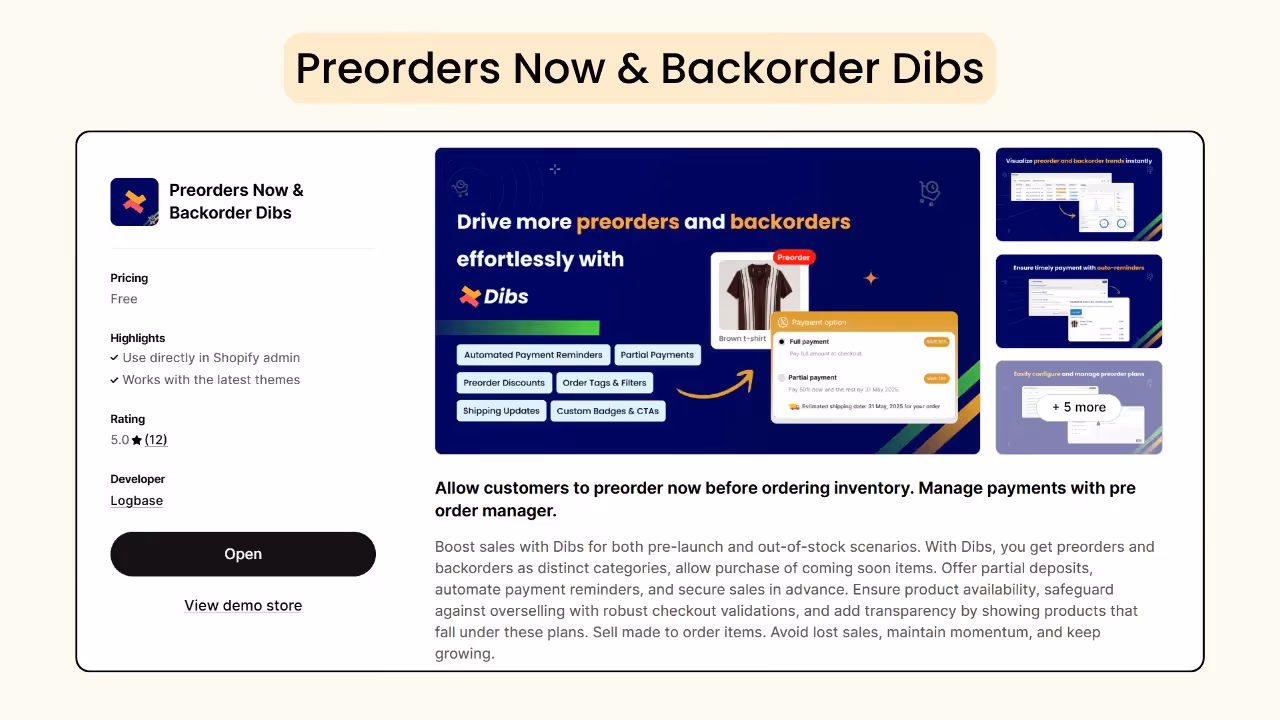Dibs Shopify preorder discount app