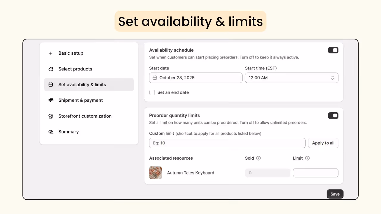 Set availability and limits