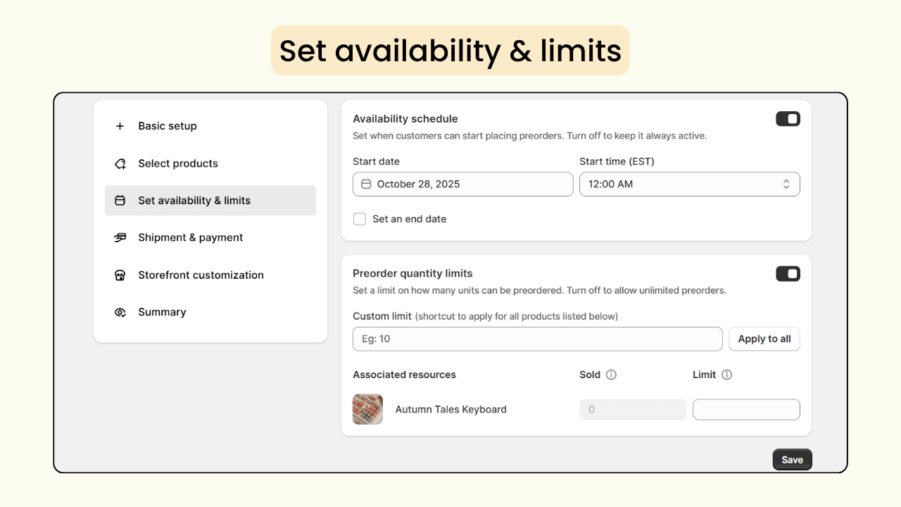 Set availability and limits