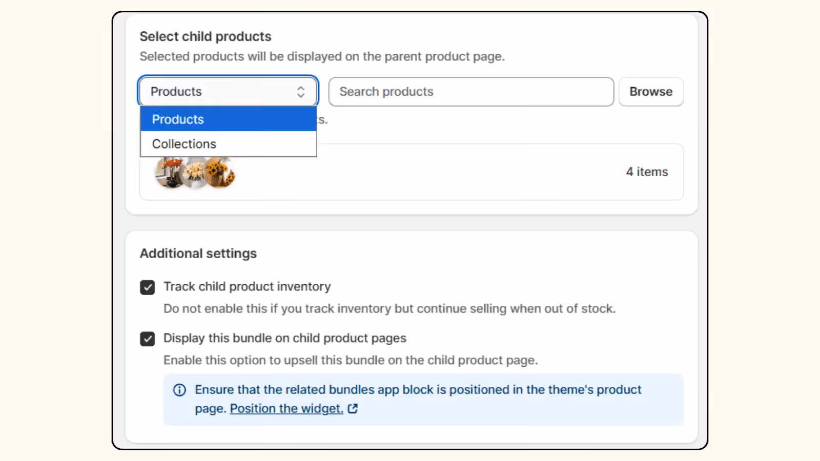 Child products in Shopify mix and match bundle 