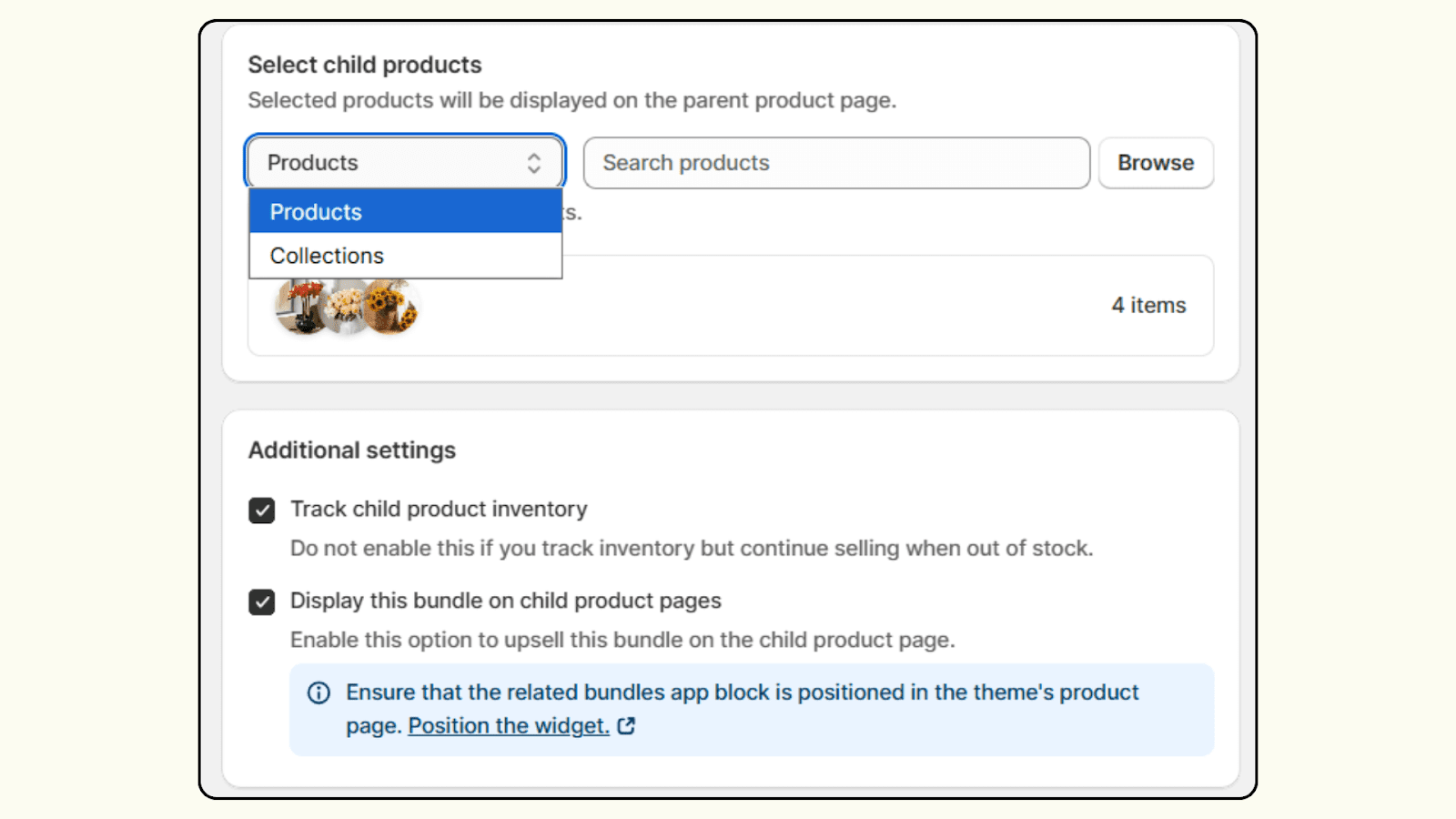Child products in Shopify mix and match bundle