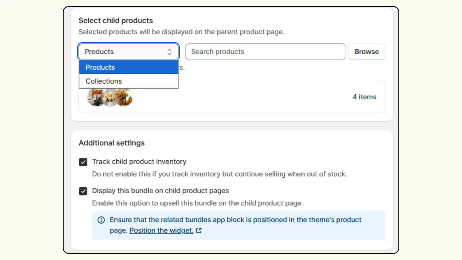 Child products in Shopify mix and match bundle 