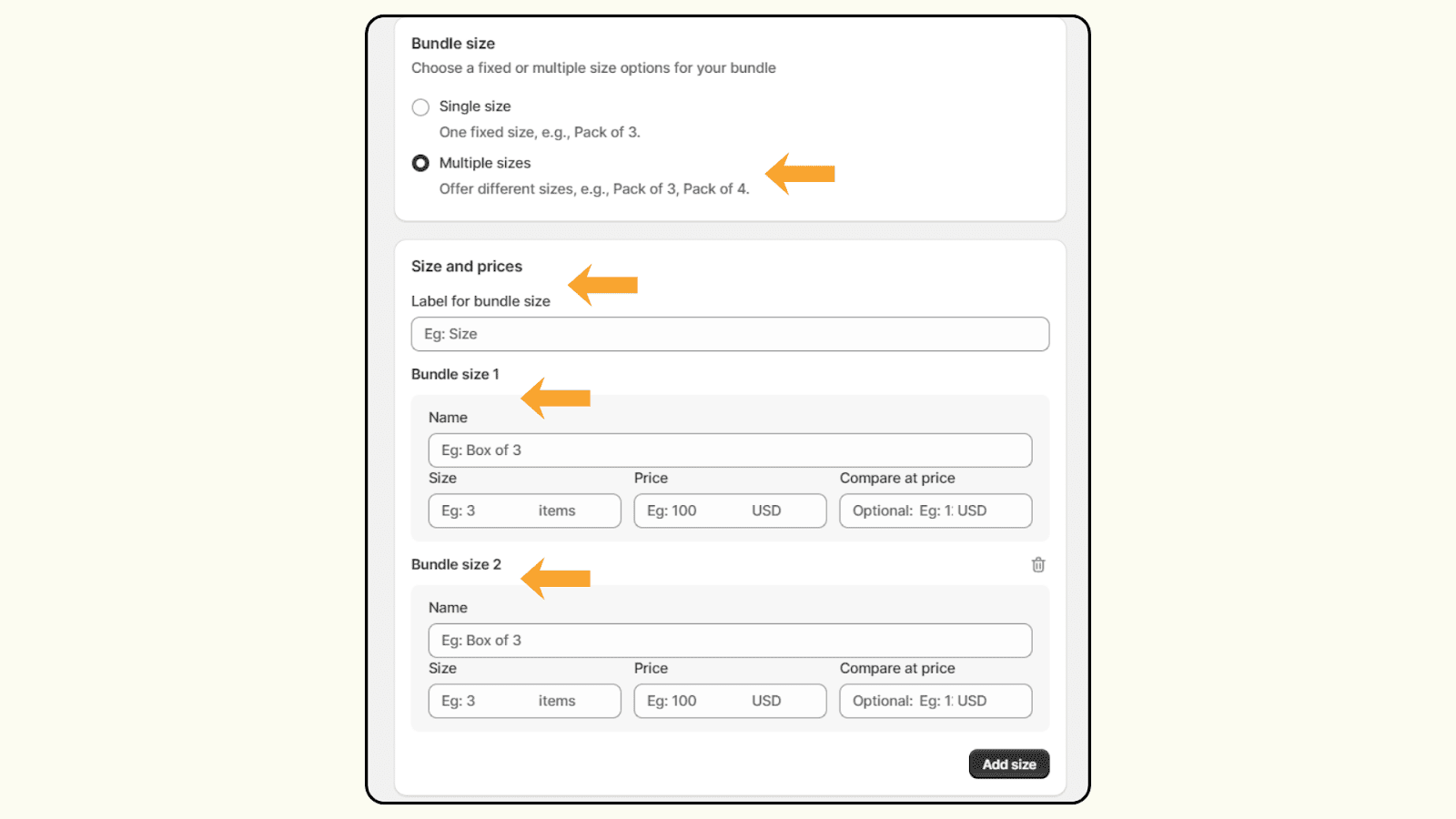 Size and price setting in Shopify Mix and match bundle