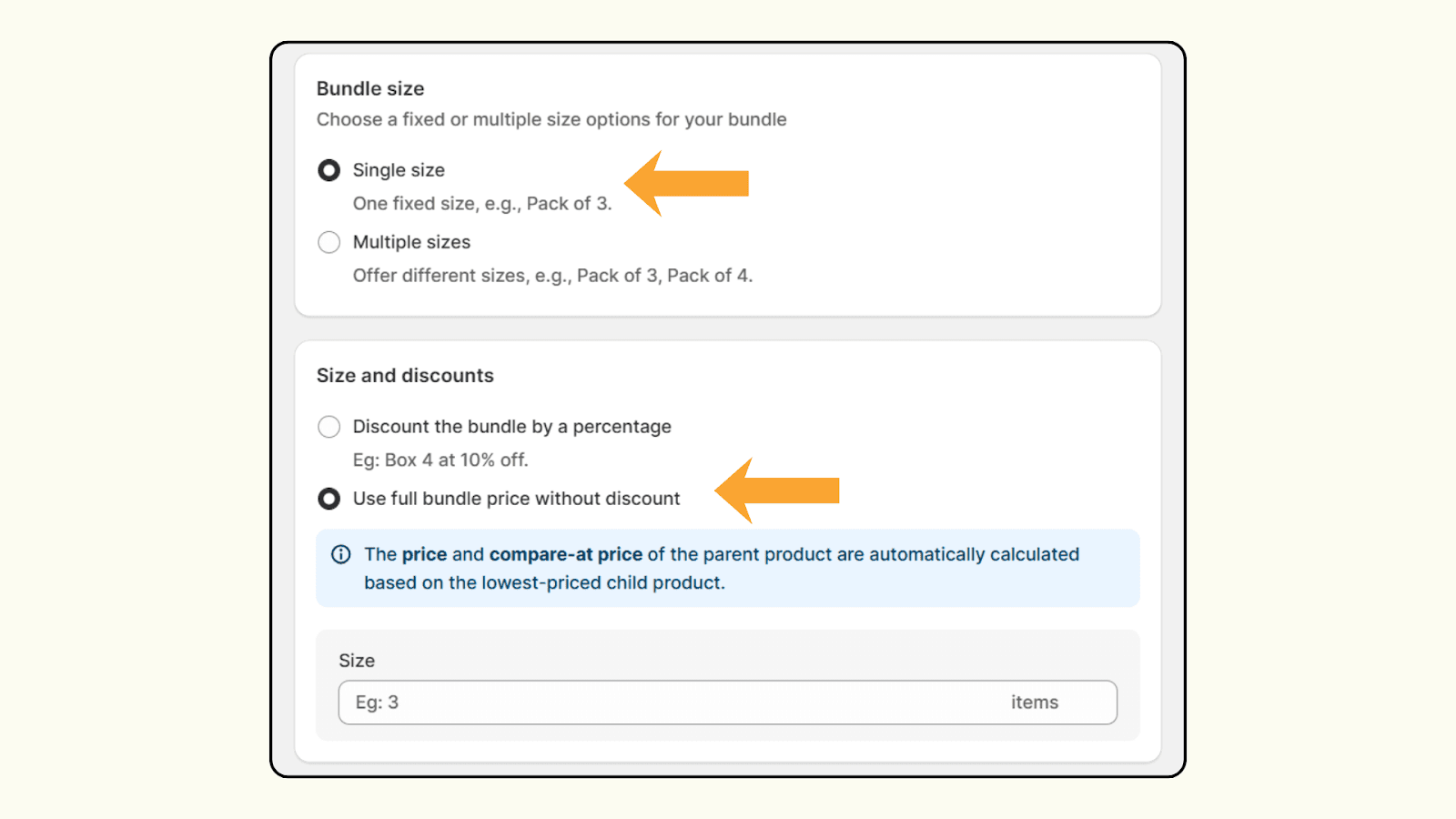 Bundle size and discount in Shopify Mix and match bundle