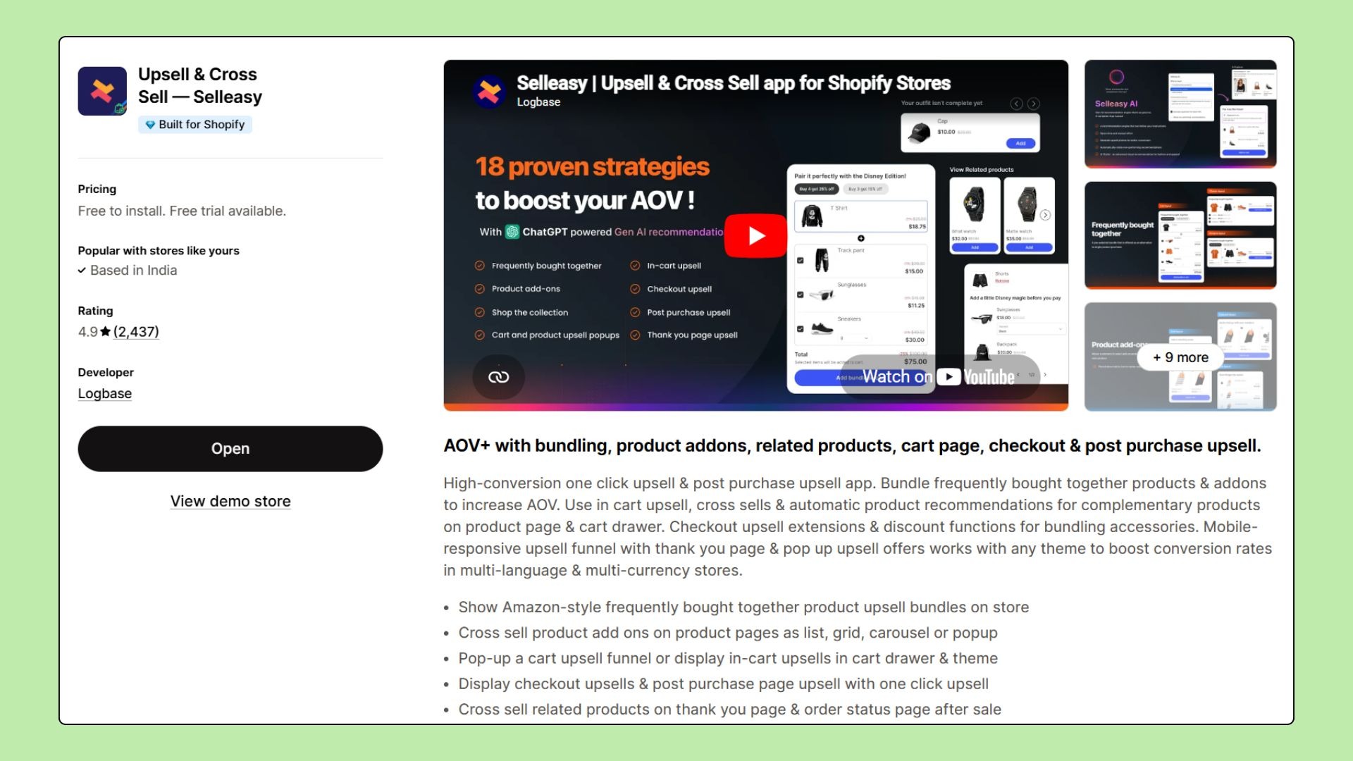 Selleasy - Shopify Upsell & Cross sell app listing page screenshot