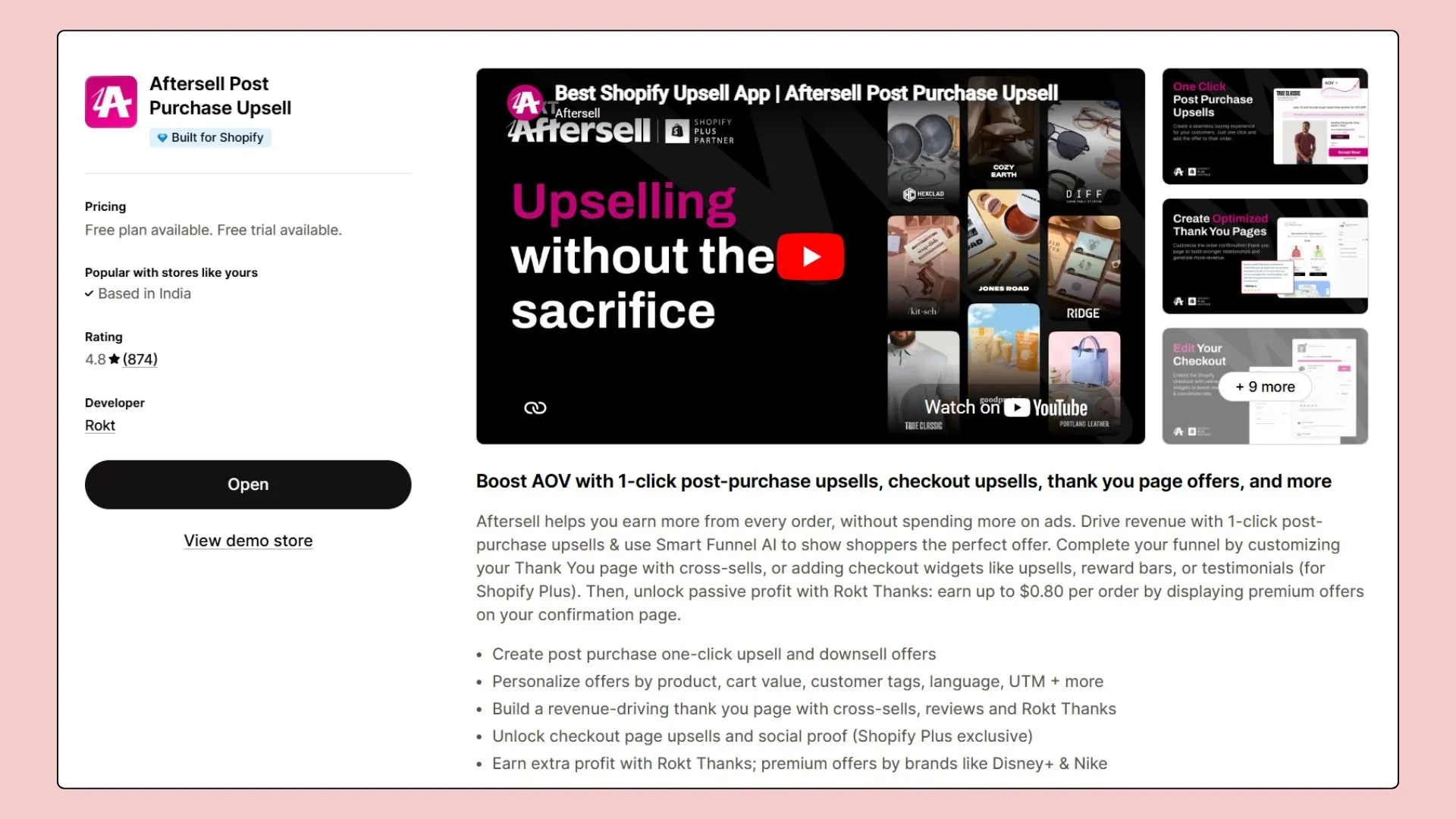 AfterSell - Shopify post purchase upsell app listing page screenshot