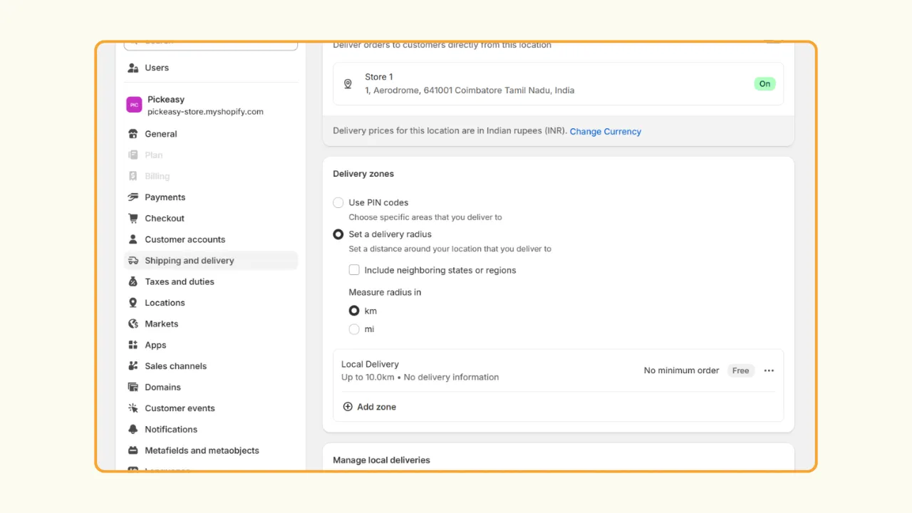 Set up Shopify local delivery - set delivery zone