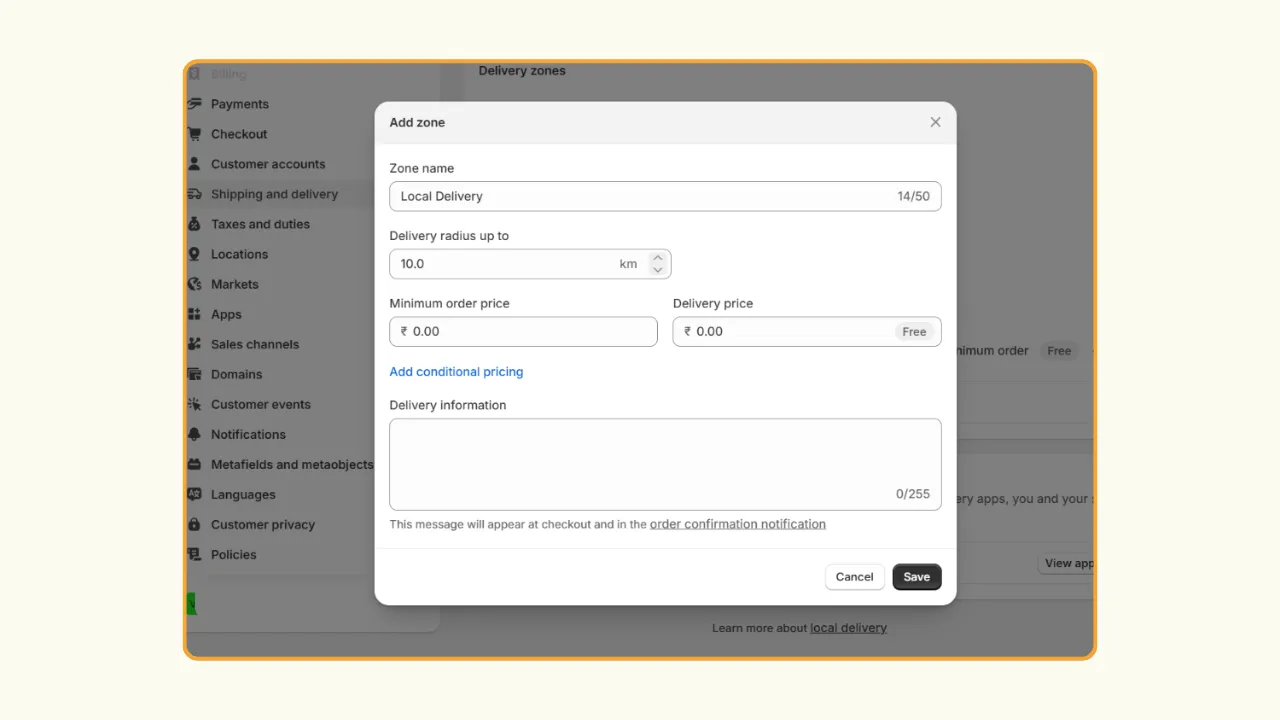 Set up Shopify local delivery - Add zone