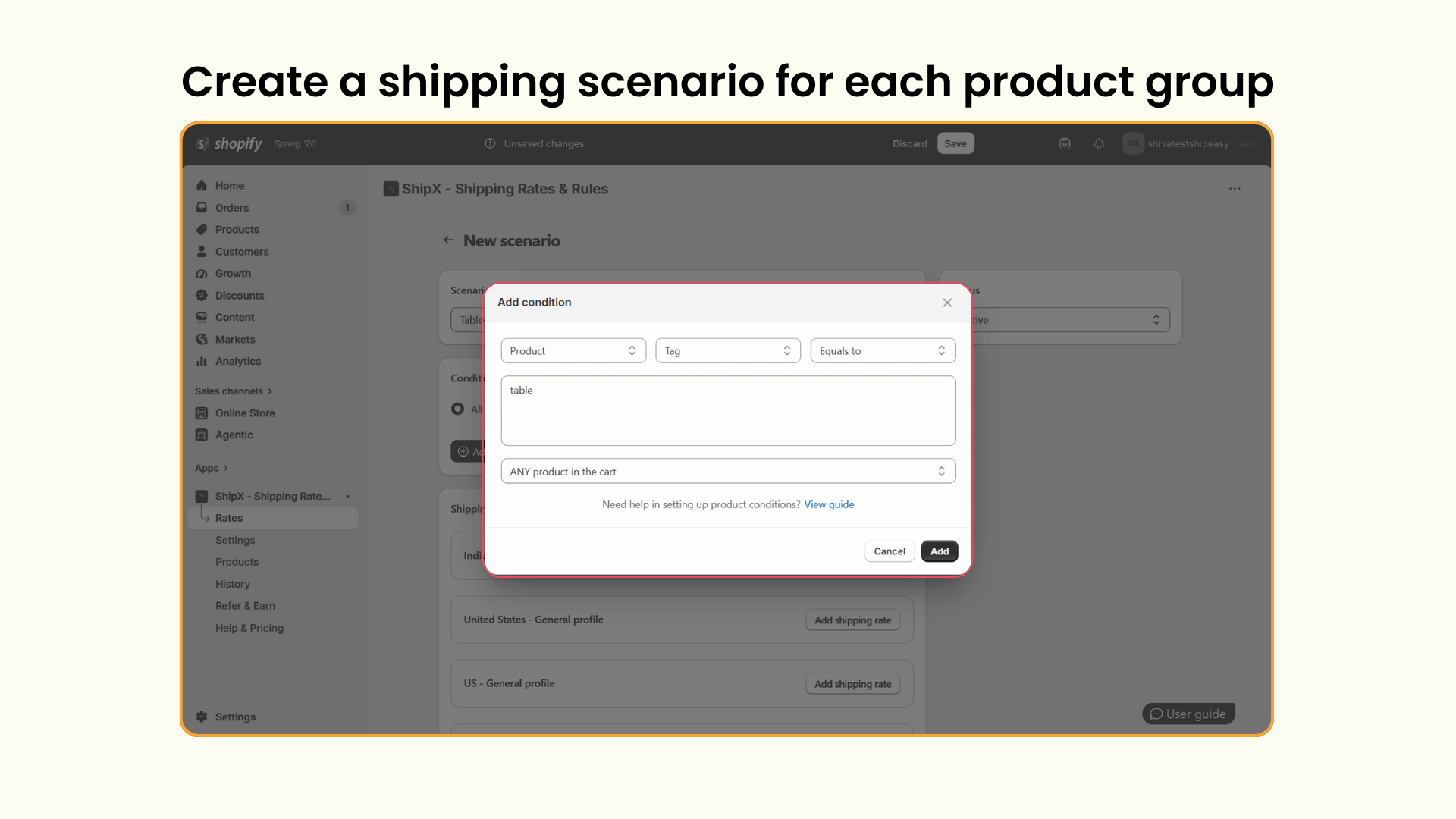 Create shipping scenarios - Shopify Combined Shipping Rate