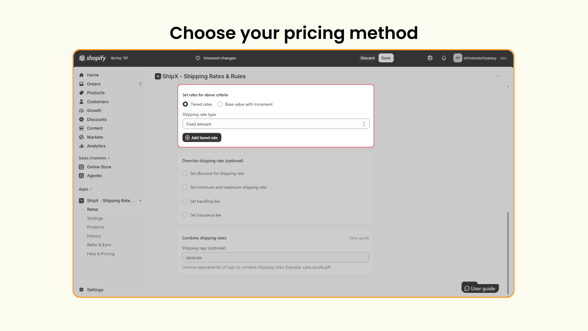 Choose your pricing method - Shopify Combined Shipping Rate
