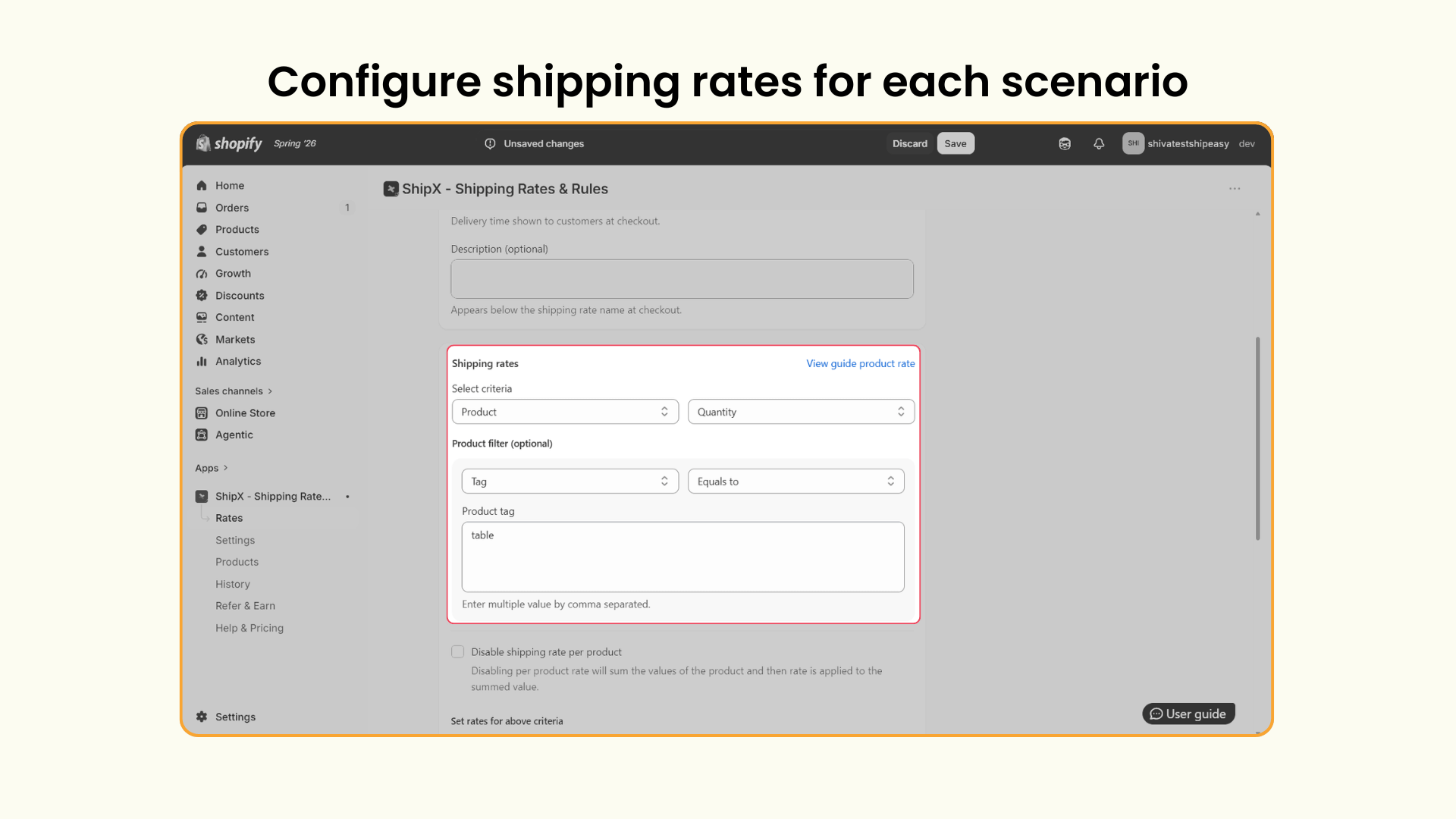Configures rates for each scenario - Shopify Combined Shipping Rate