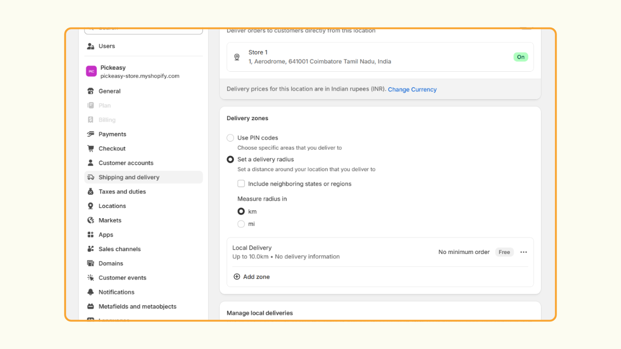 Set up Shopify local delivery - set delivery zone