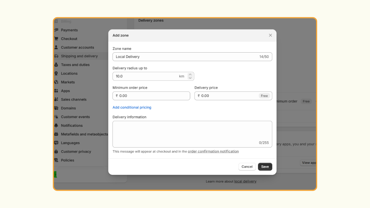 Set up Shopify local delivery - Add zone