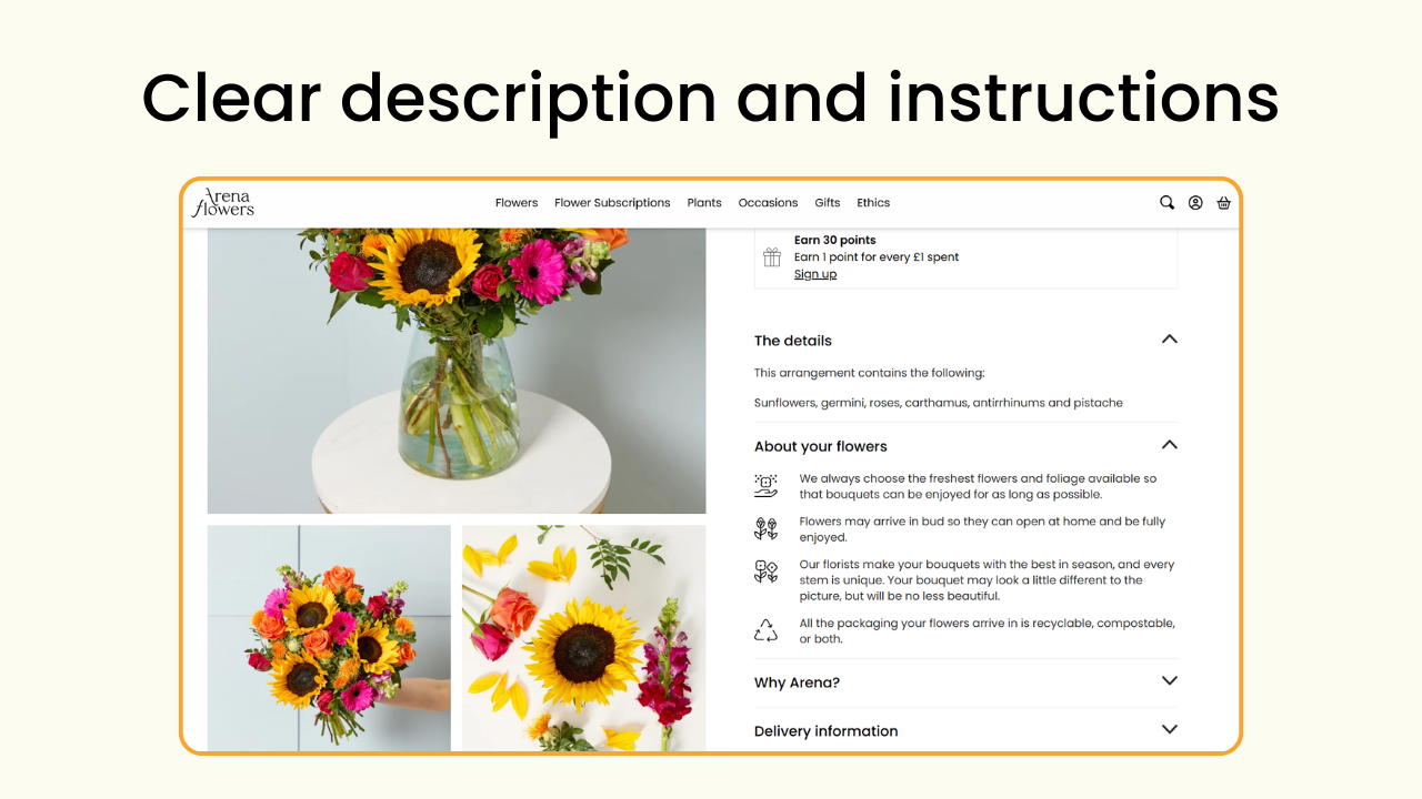 Give your customer clear instructions on the product page - Shopify for Florists