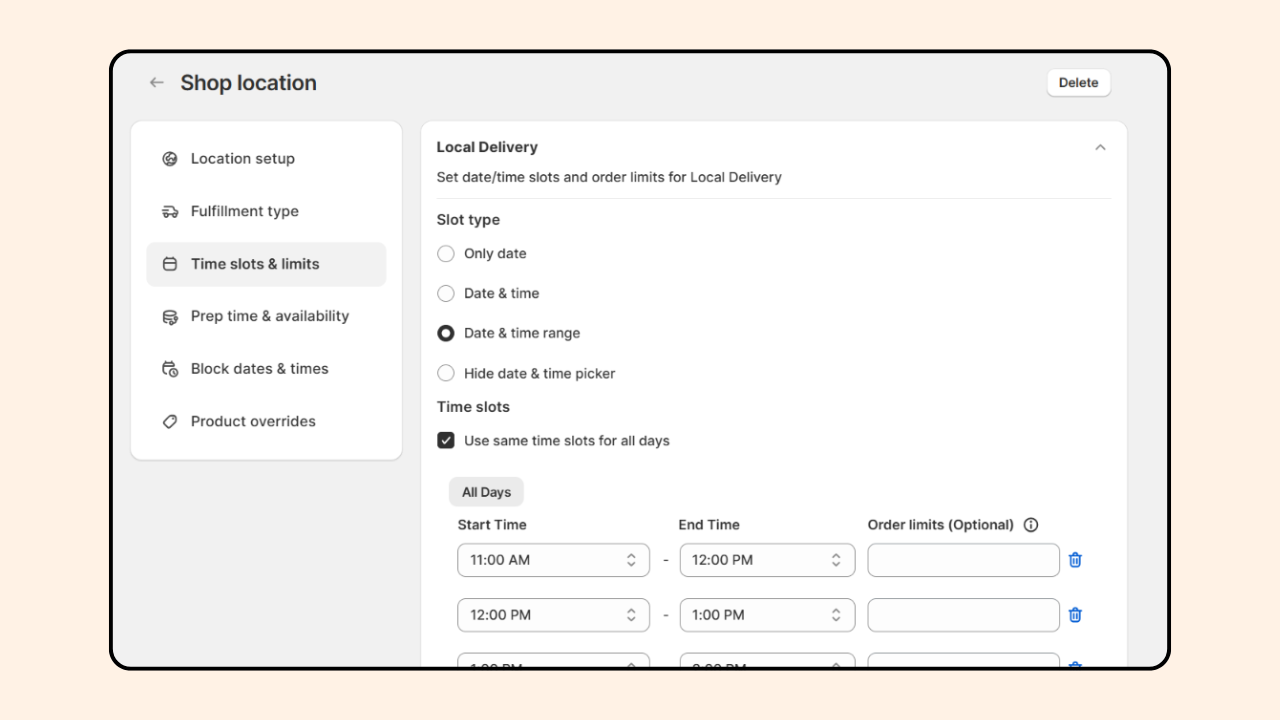 Pickeasy Time Slots and Limits