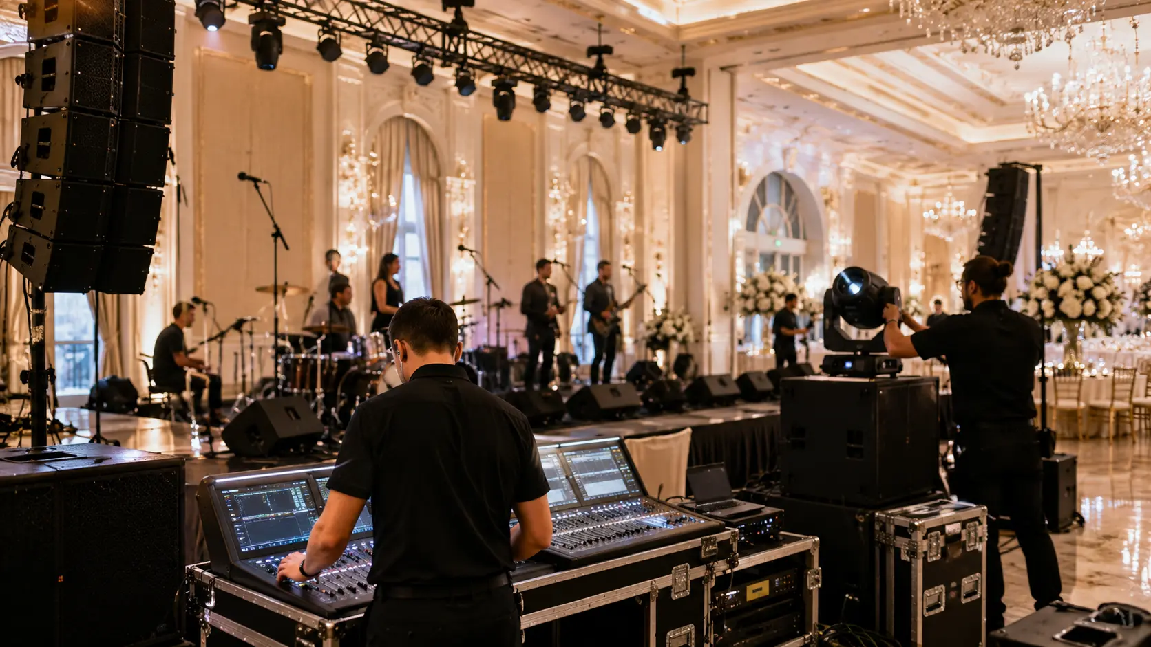 Audio engineer preparing a luxury wedding sound system with mixing console, stage monitors, microphones, lighting equipment, and live band during soundcheck.