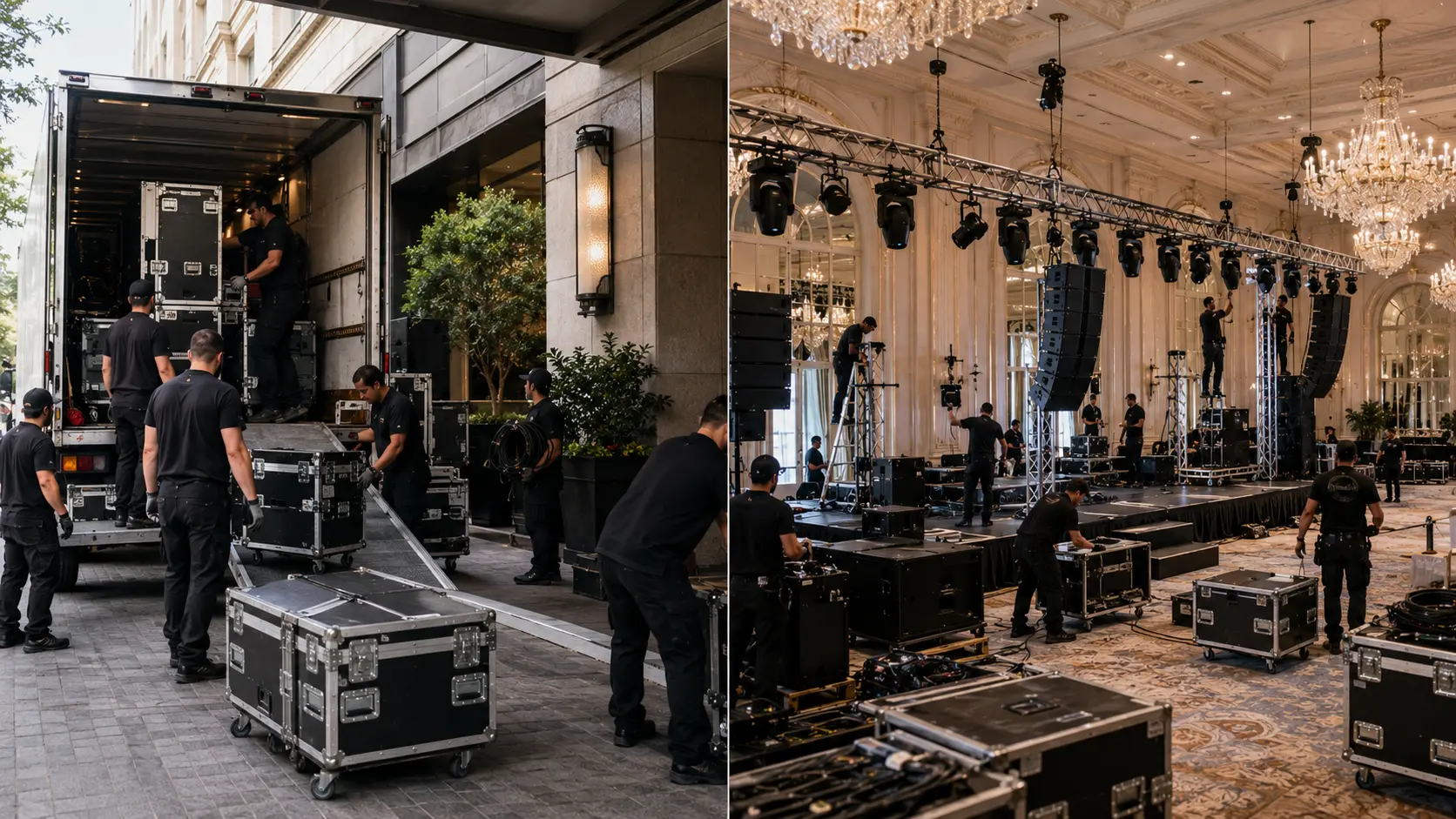 Professional AV technicians unloading speakers, lighting equipment, road cases, and production gear during wedding venue setup.