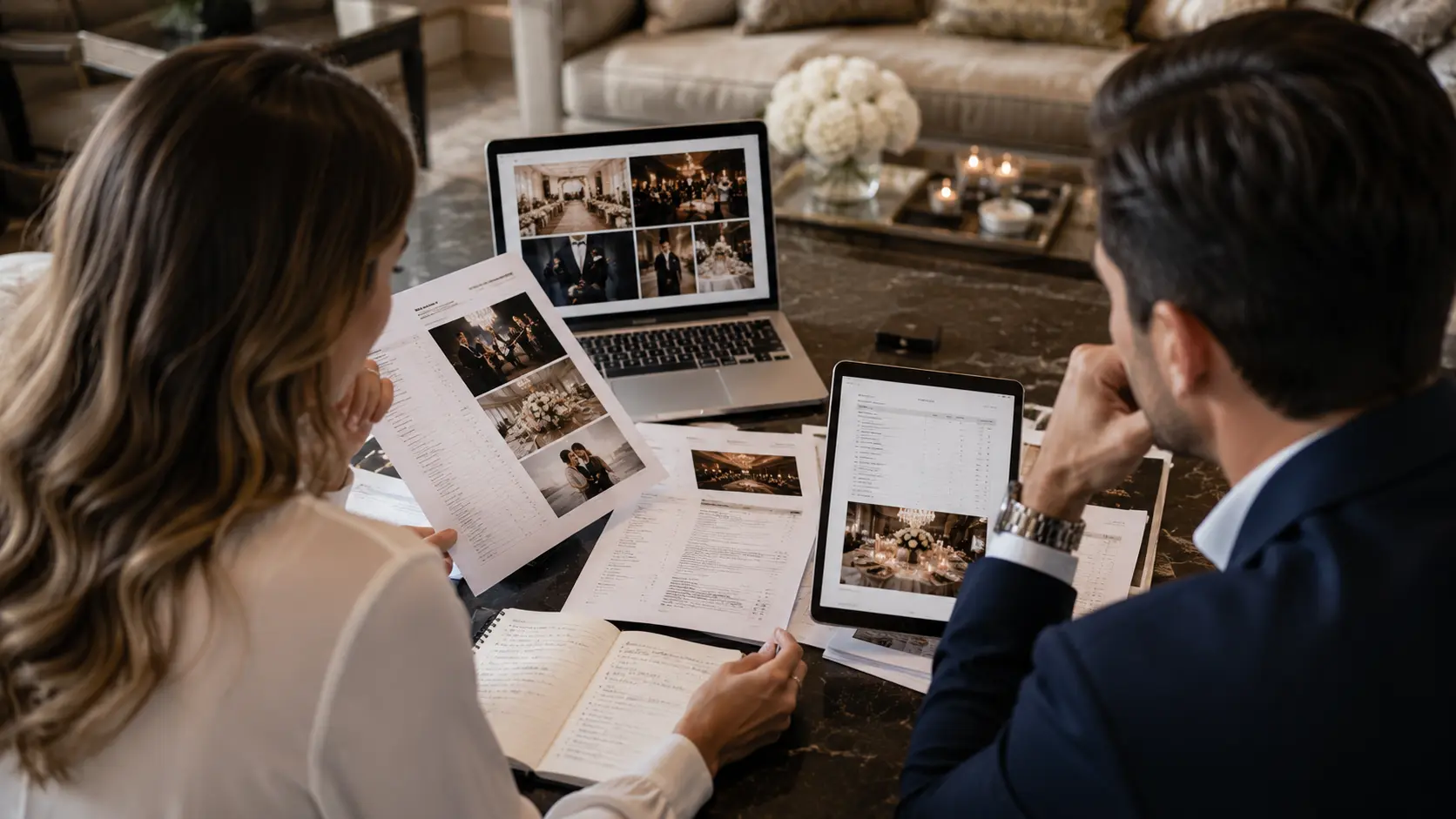 Engaged couple comparing wedding vendor proposals, contracts, reviews, and pricing information across printed documents, laptop, and tablet while planning their wedding.