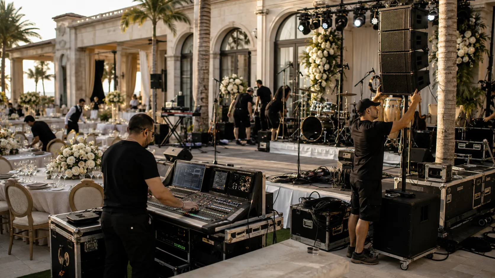 Event production crew setting up sound, lighting and a live music stage for an upscale Miami outdoor wedding reception.