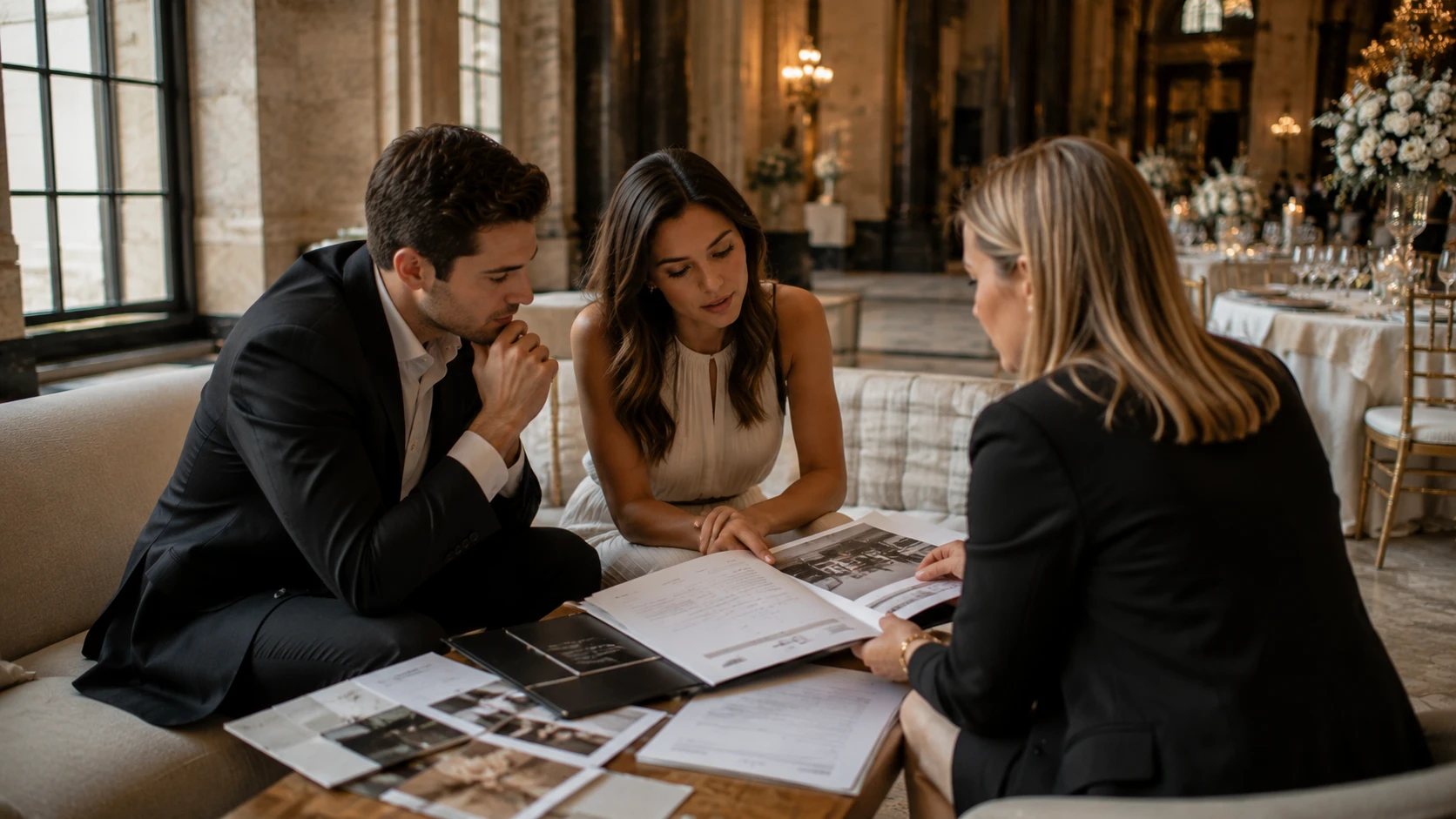 Engaged couple asking a wedding professional detailed questions while reviewing a vendor proposal at a historic Chicago venue.