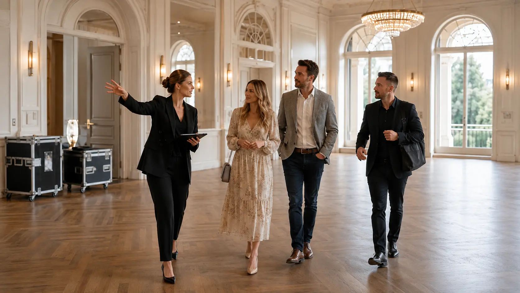 Wedding entertainment producer and venue manager reviewing logistics during a site visit in an empty ballroom.