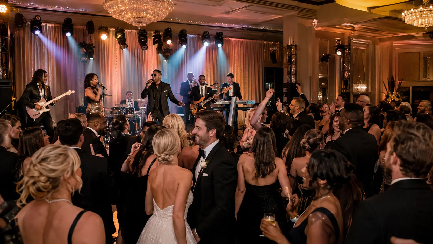 Live wedding band performing for a couple and their guests on a crowded luxury ballroom dance floor.