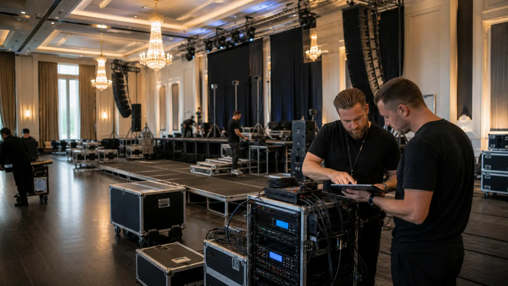Wedding AV technicians reviewing audio equipment and technical requirements during a ballroom load-in.