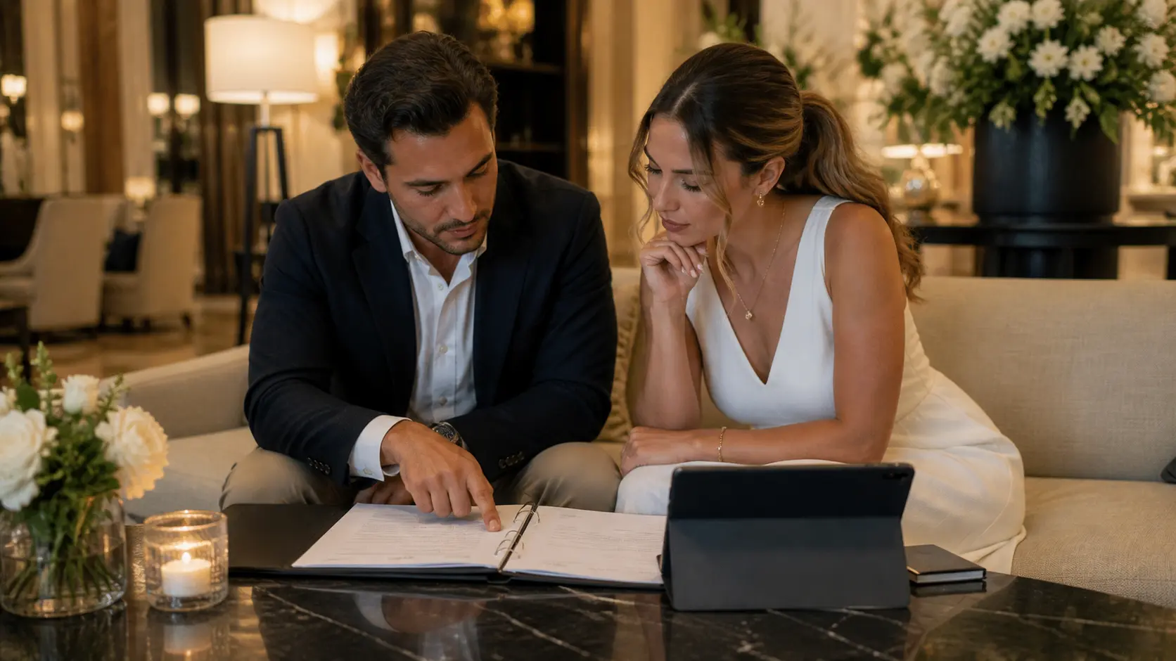 Engaged couple reviewing a wedding venue agreement and vendor policies together before booking.