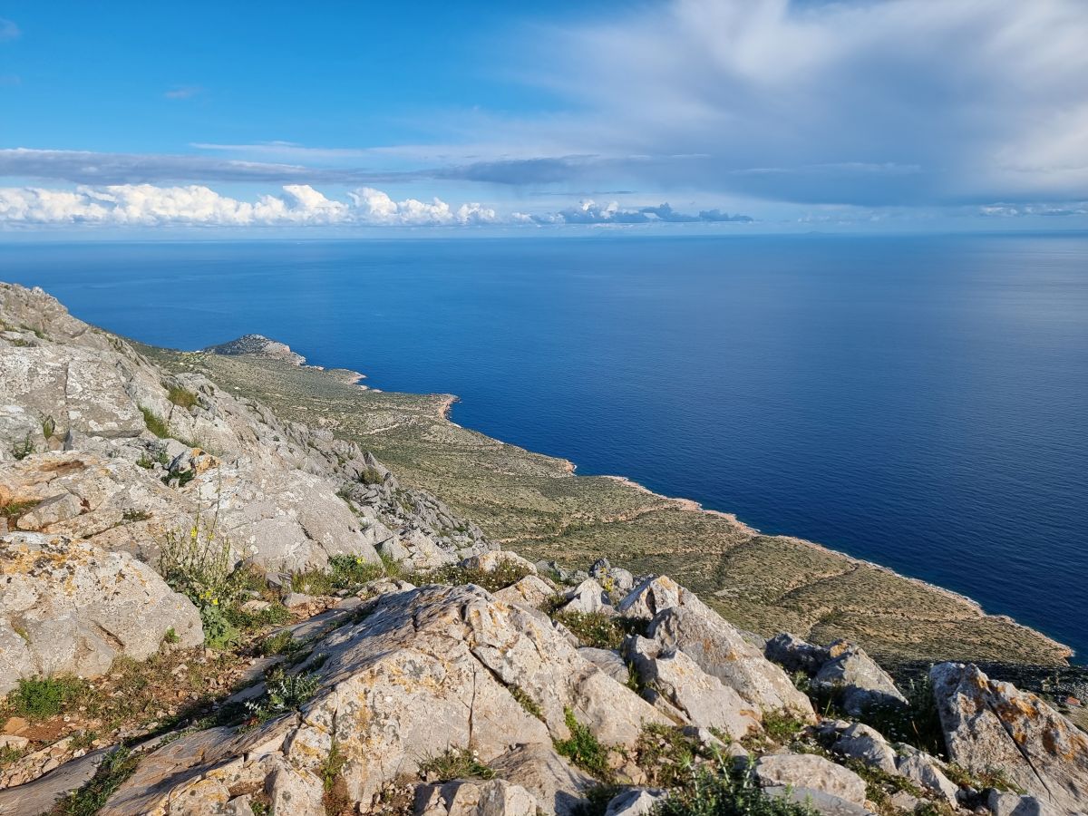 summit view of hydra island in greece overlooking the expansive sea and coastline