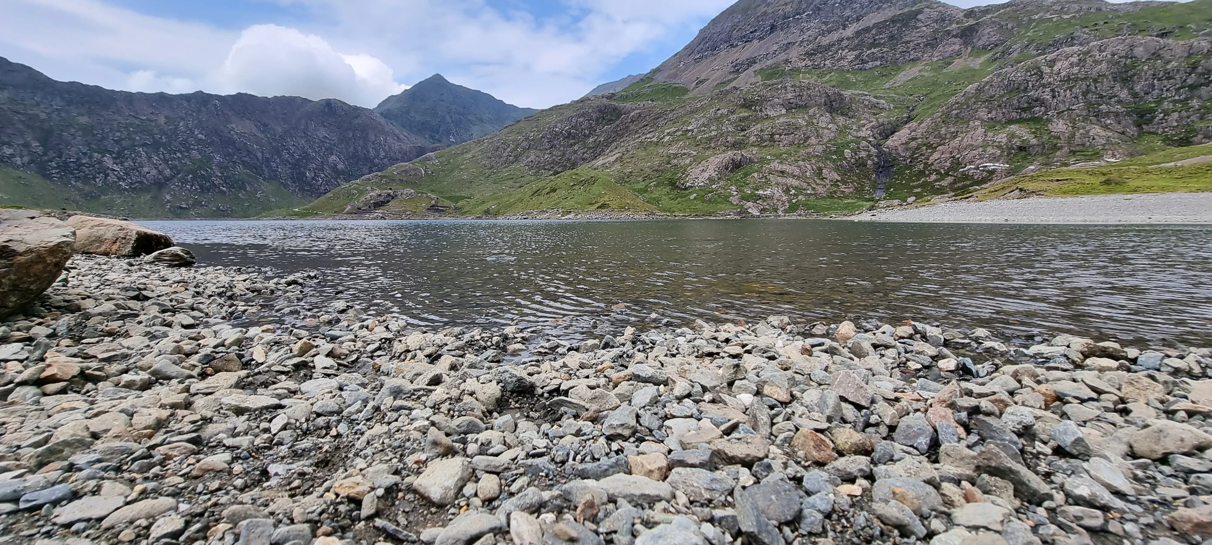a still lake in between rocky hillsides and mountains in Snowdon, Wales