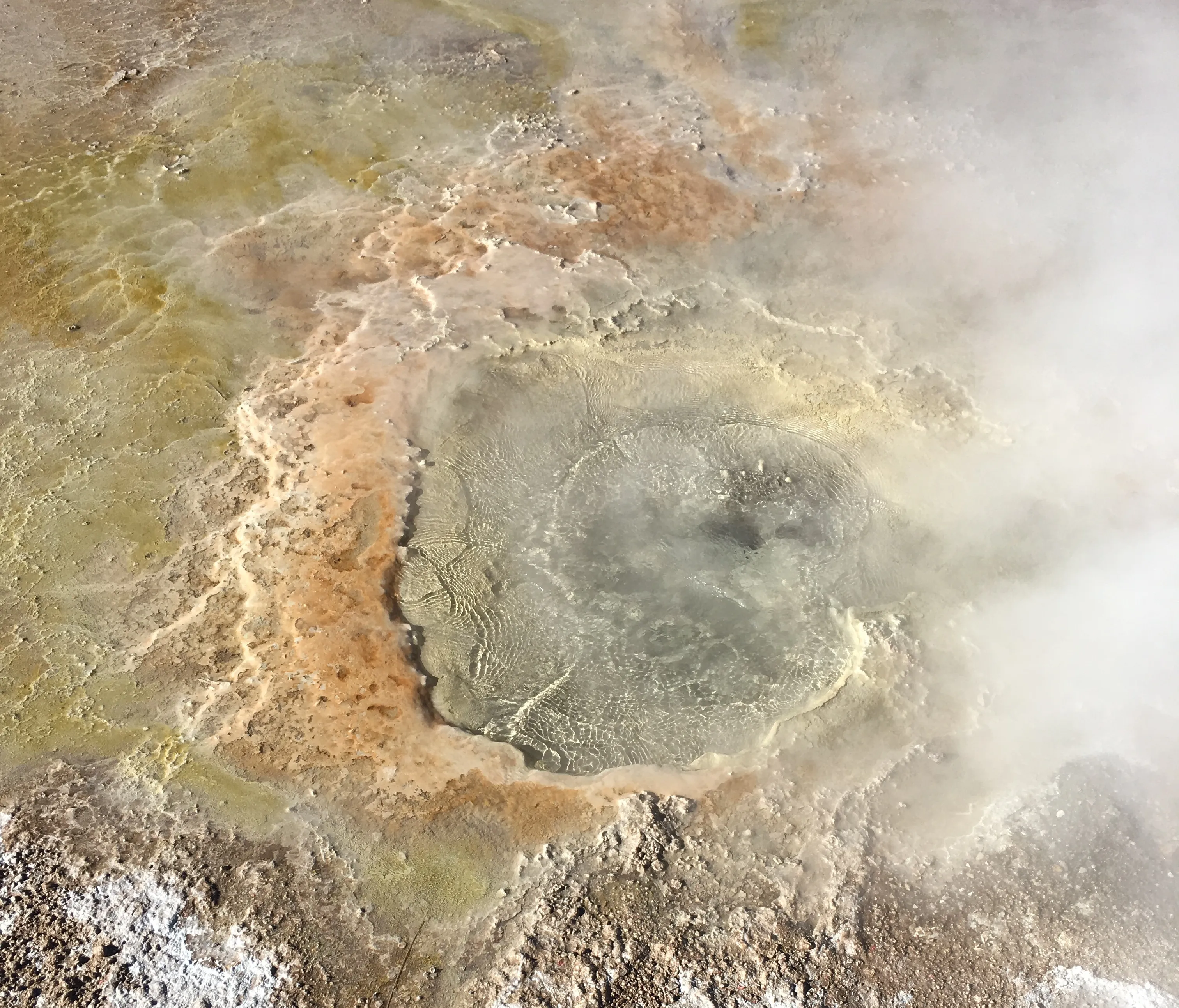 a close up to a geyser brewing to spurt out the boiling water, water bubbling slightly and steam escaping the geyser - atacama desert, chile - thegymsytraveller