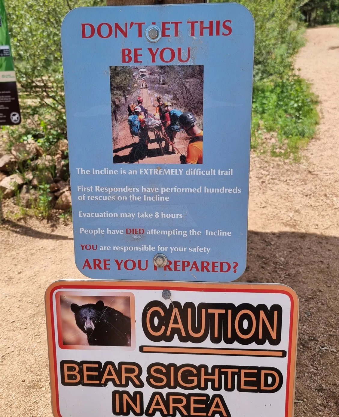 A picture of the plaque with a warning at the foot of the manitou incline that warns Dont let this be you it goes on to bullet point the difficulties and more warnings of what can be expected on this extreme climb. There is also a warning that bears are sighted in this area. Thegymsytraveller hikes 