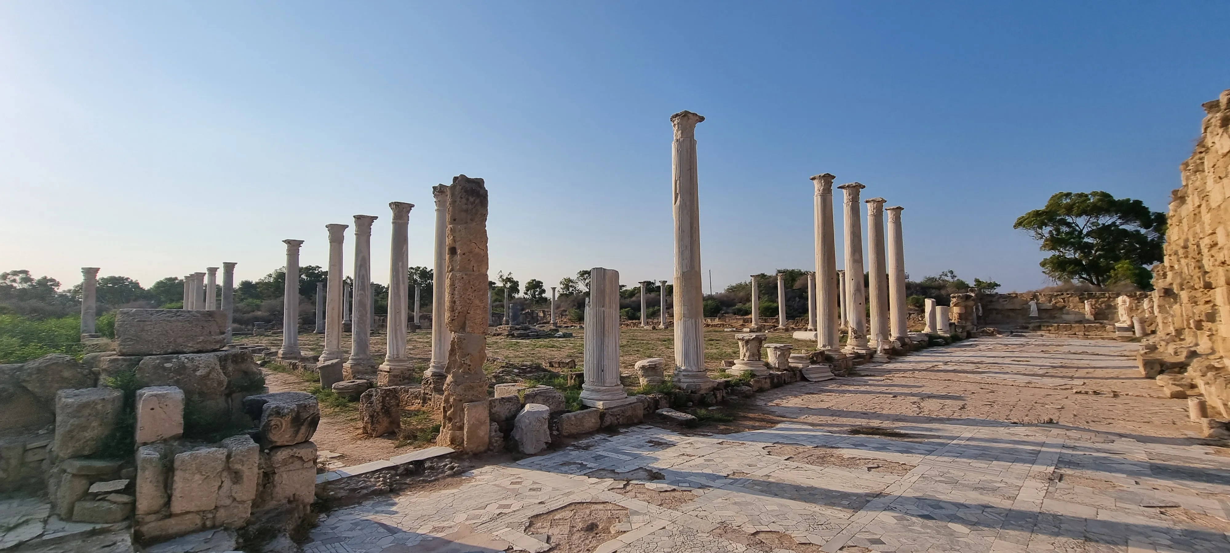 an ancient roman ruins called salamis in North Cyprus Famagusta city. columns stand erect in a square, the surrounds have old ancient roman rubble and mosaic marble flooring still in great condition. thegymsytraveller.com